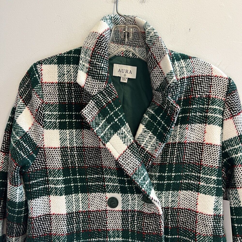 Aura Green Tartan plaid double-breasted peacoat jacket Women's Small Preppy Chic - Picture 4 of 10